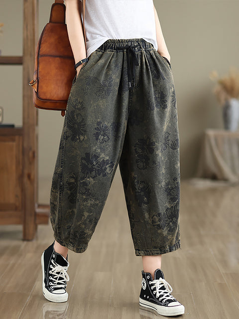 Pantalones vaqueros holgados con estampado retro de flores para mujer de verano