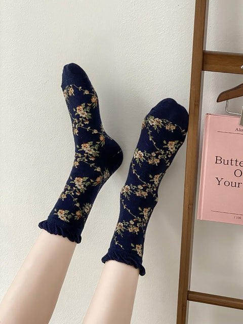 5 pares de calcetines de algodón jacquard con estampado floral para mujer