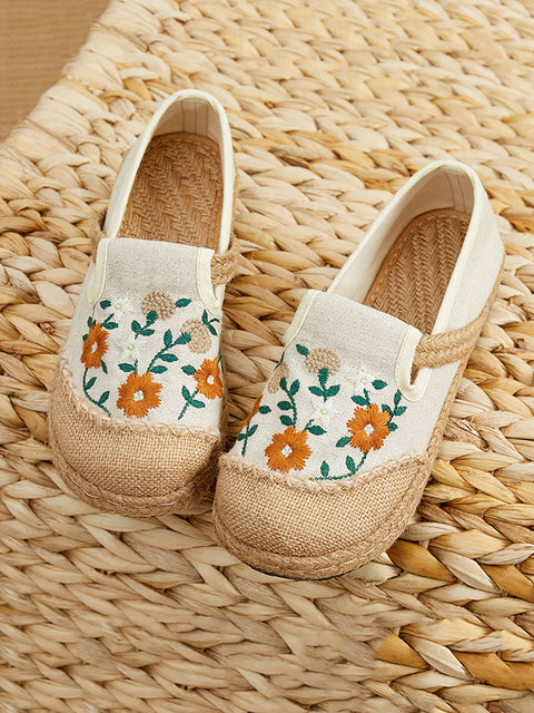 Women Summer Flower Embroidery Linen Spliced Straw Shoes