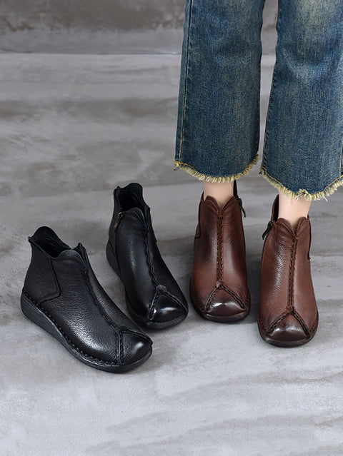 Botas de tacón bajo con empalme de piel auténtica estilo vintage para mujer