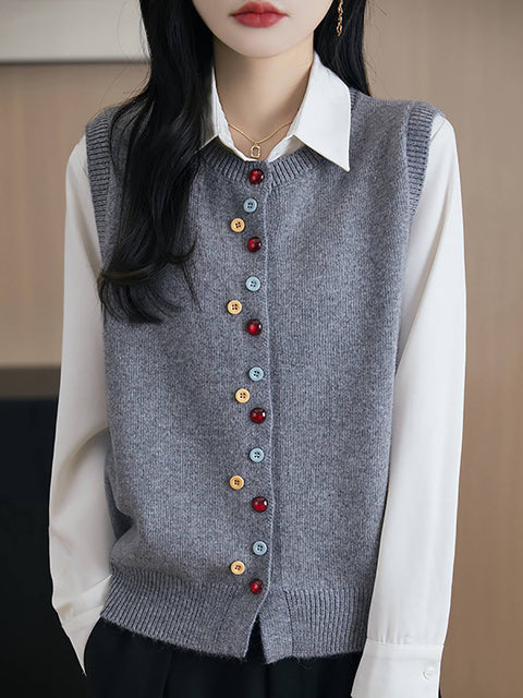 Women Spring Casual O-Neck Colorful Button Knit Vest