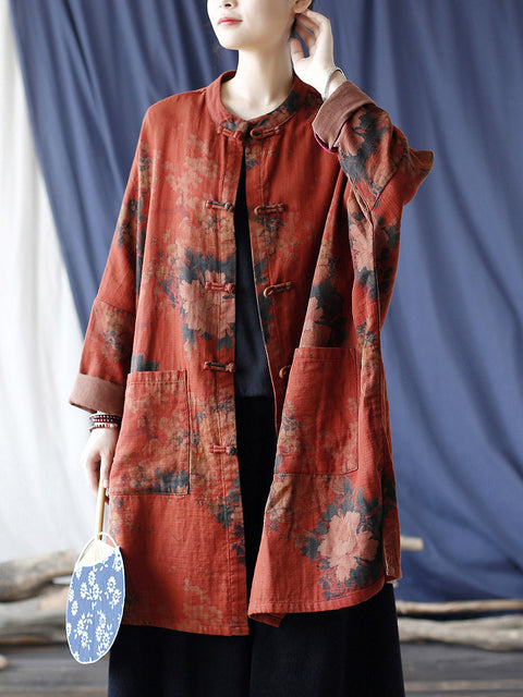 Camisa larga de algodón con flores rojas vintage para mujer