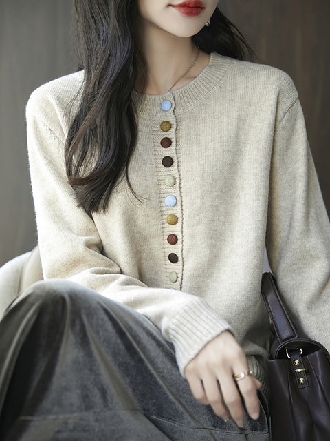 Women Autumn 100%Wool Colorful Button O-Neck Sweater