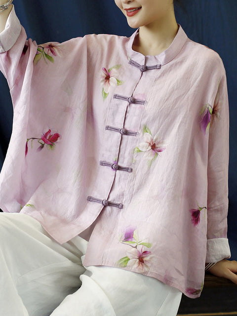 Camisa de mujer de talla grande con estampado vintage de flores en color rosa y ramio para primavera