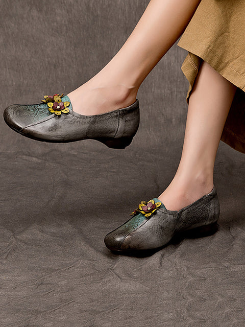 Women Vintage Flower Leather Low Heel Shoes