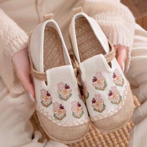 Zapatos planos de lino con bordado de flores étnicas para mujer