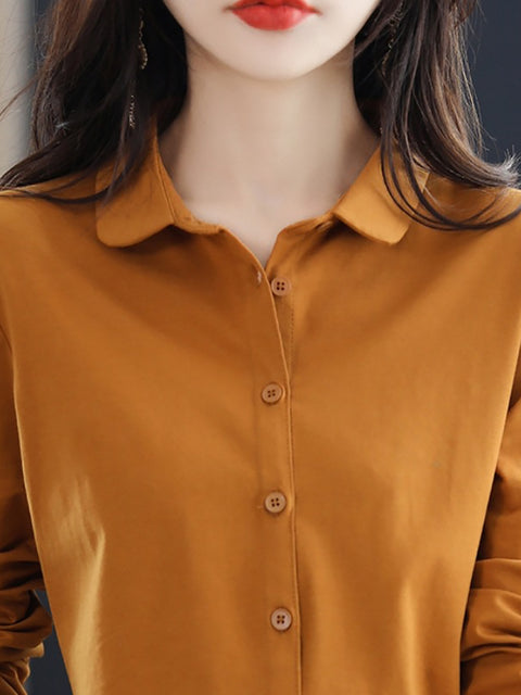 Camisa de algodón de color puro con cuello vuelto para mujer