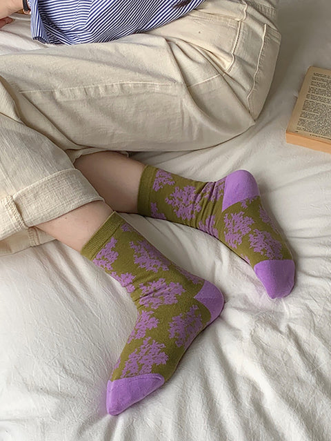 3 pares de calcetines de algodón con diseño de flores y bloques de colores para mujer