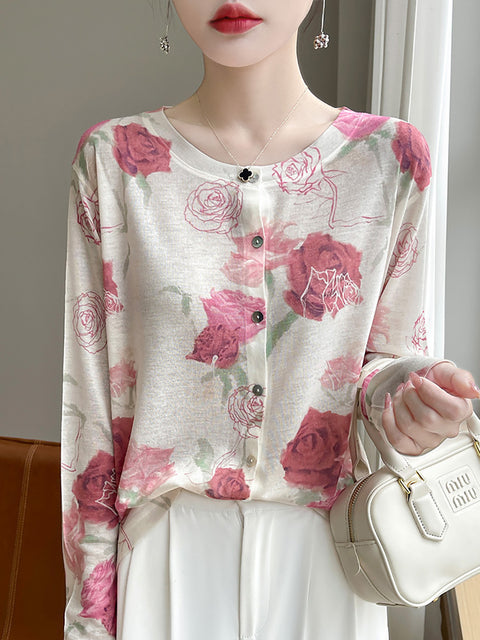 Women Spring Casual Flower O-Neck Thin Shirt