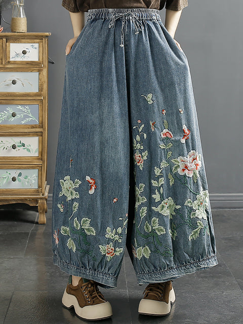 Pantalones anchos de mezclilla con bordado de flores de primavera para mujer