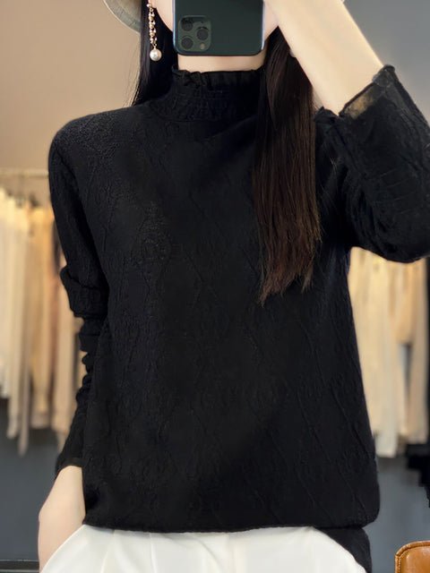 Blusa de cuello alto de punto con encaje de otoño para mujer