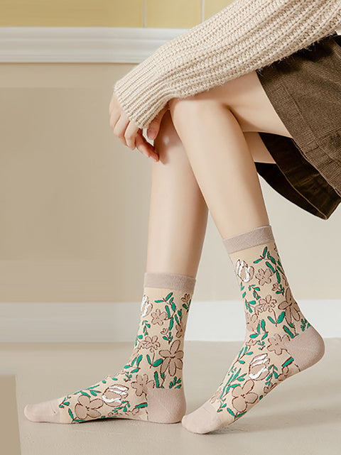 5 pares de calcetines de algodón jacquard con estampado floral artístico para mujer