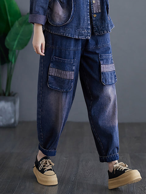 Pantalones de mezclilla lavados empalmados de primavera casual para mujer