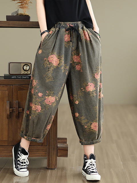 Pantalones vaqueros holgados con estampado retro de flores para mujer de verano