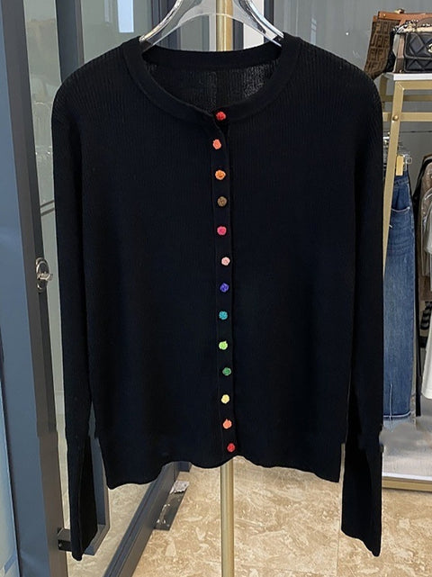 Women Autumn Colorful Button O-Neck Cotton Sweater