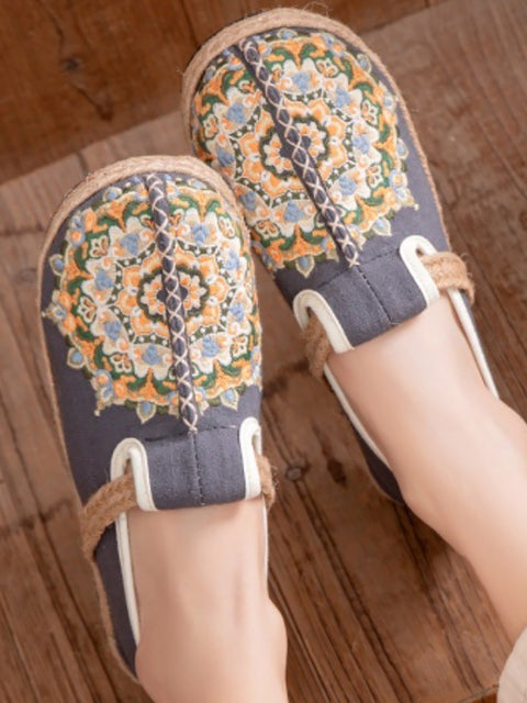 Zapatos planos de lino con bordado de flores étnicas para mujer