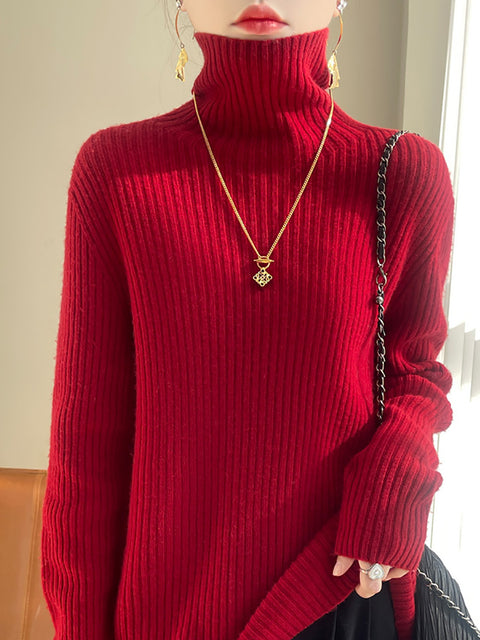 Women Autumn Casual Solid Turtleneck Wool Knit Sweater