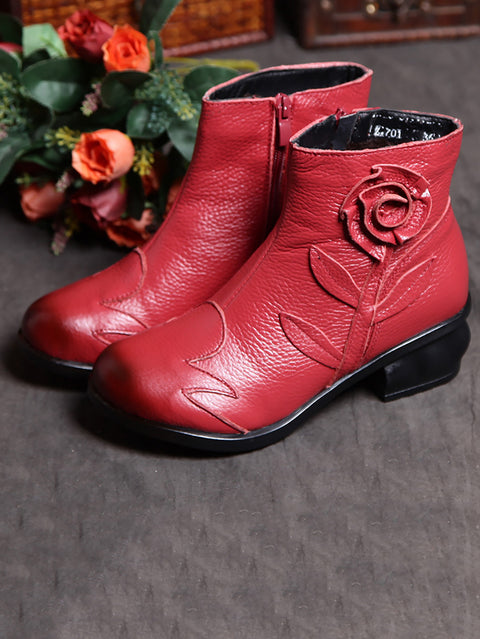 Botas de tobillo empalmadas de flores de cuero retro para mujer