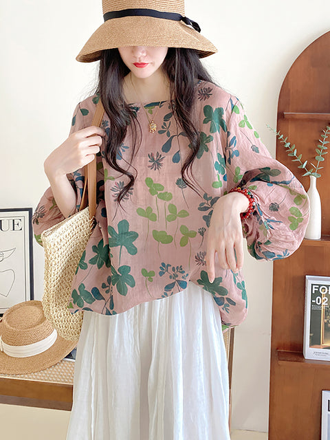 Plus Size Women Summer Artsy Flower Loose O-Neck Shirt