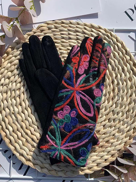 Women Ethnic Flower Embroidery Warm Cycling Gloves