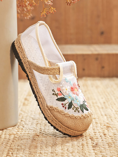 Zapatos planos de lino con bordado vintage de verano para mujer