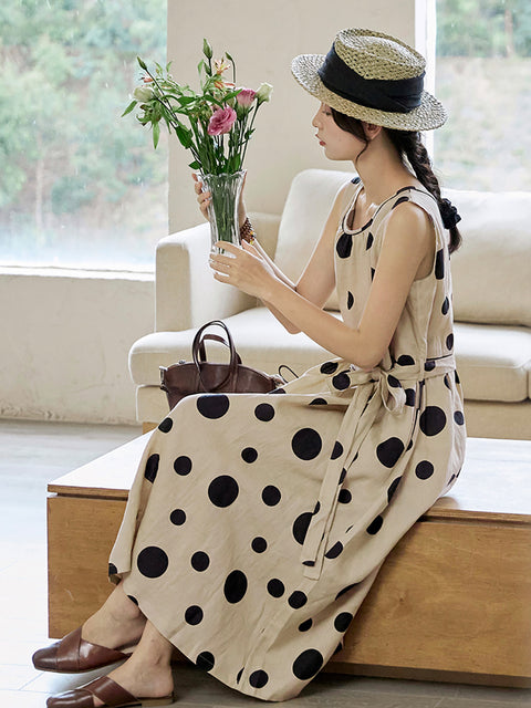 Vestido de chaleco de lino con cordón y lunares informales de verano para mujer de talla grande