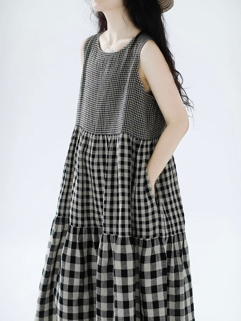 Women Spring Artsy Plaid 100%Linen Vest Dress