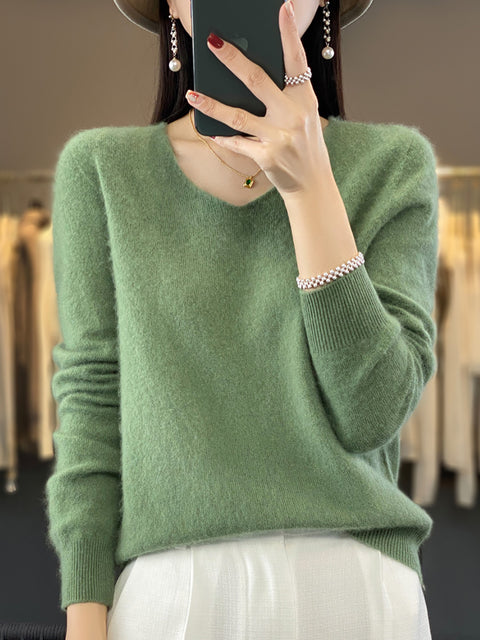 Women Autumn Pure Color V-Neck Knit Sweater