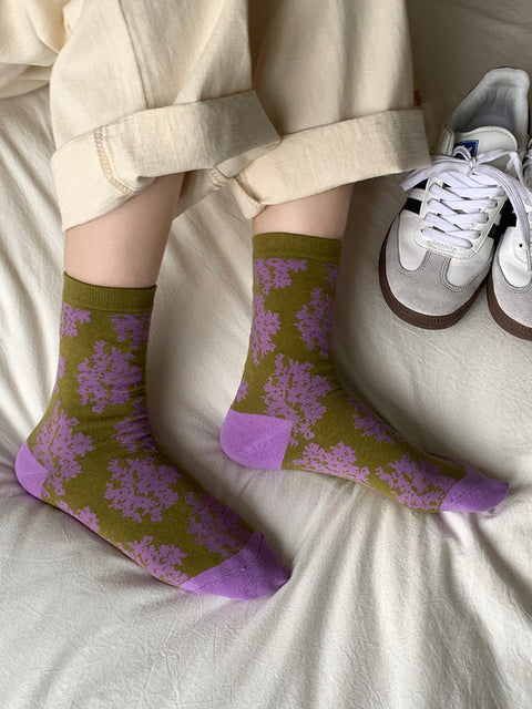 3 pares de calcetines de algodón con diseño de flores y bloques de colores para mujer