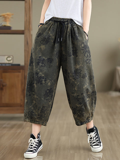 Pantalones vaqueros holgados con estampado retro de flores para mujer de verano