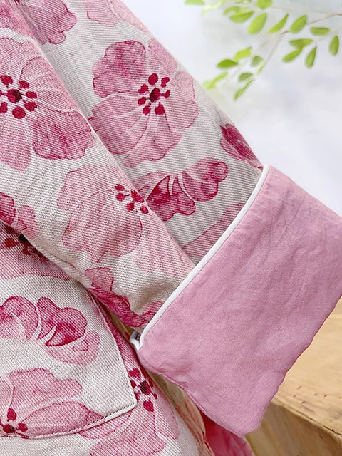 Abrigo acolchado rosa con estampado de flores retro para mujer