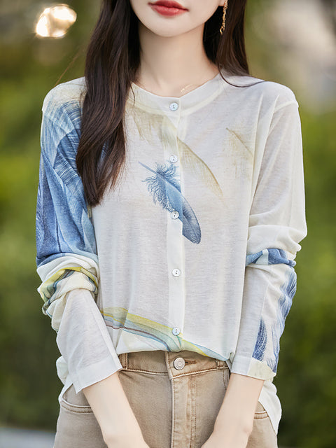 Women Spring Casual Flower O-Neck Thin Shirt