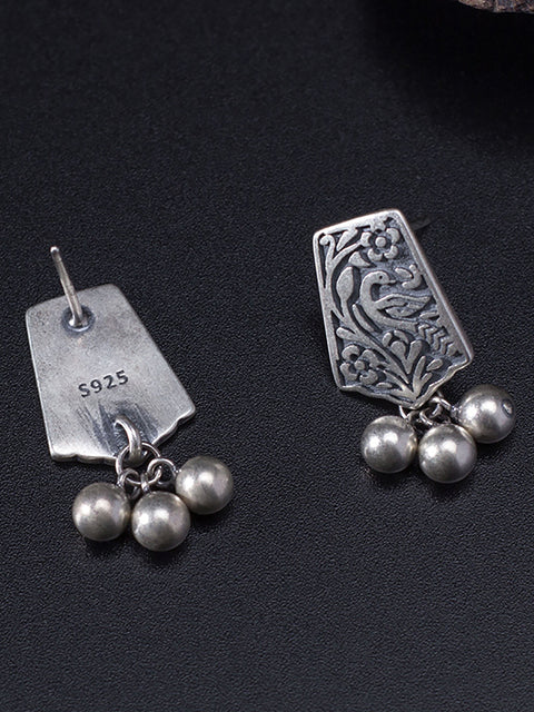 Pendientes colgantes de cuentas talladas en plata vintage para mujer