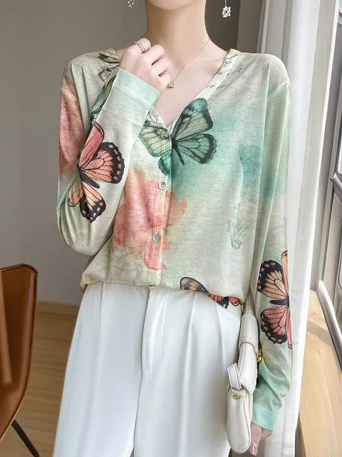 Women Spring Casual Flower V-Neck Shirt