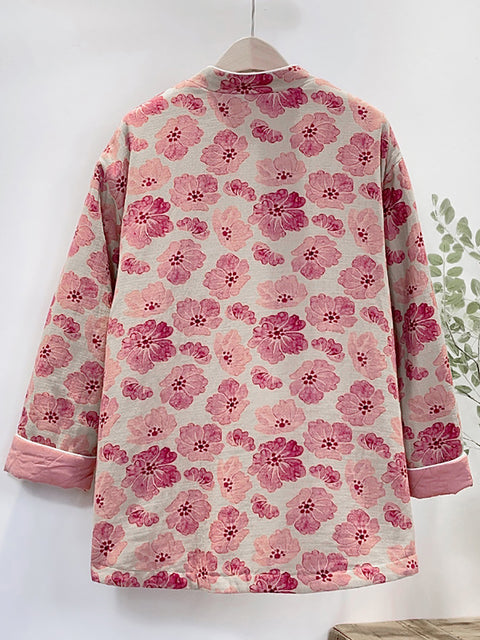 Abrigo acolchado rosa con estampado de flores retro para mujer