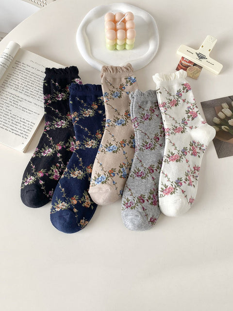 5 pares de calcetines de algodón jacquard con estampado floral para mujer