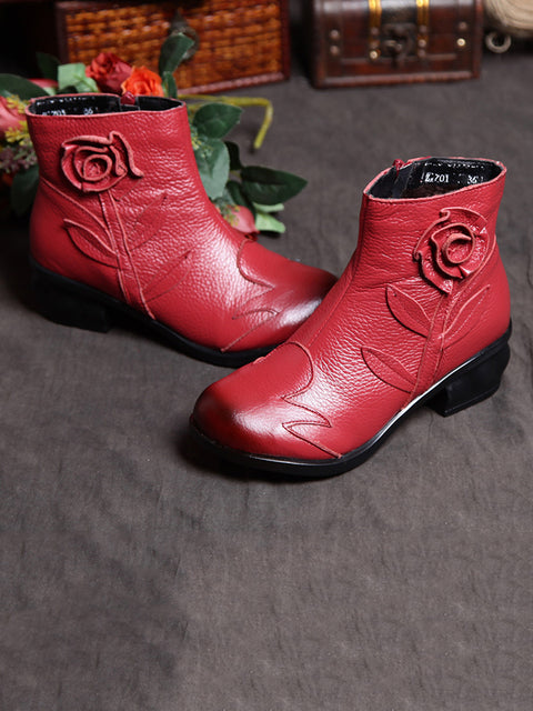 Botas de tobillo empalmadas de flores de cuero retro para mujer