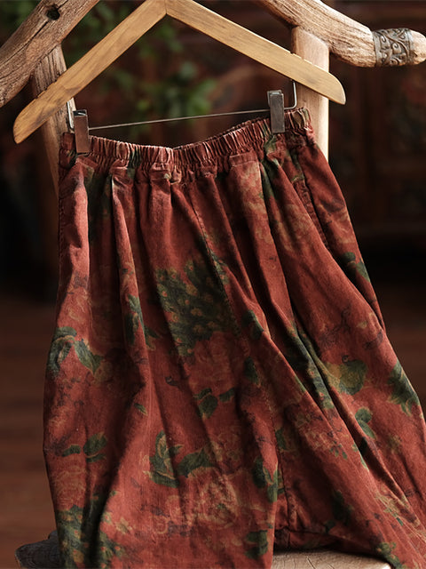 Women Retro Flower Print Spring Cotton Wide-leg Pants