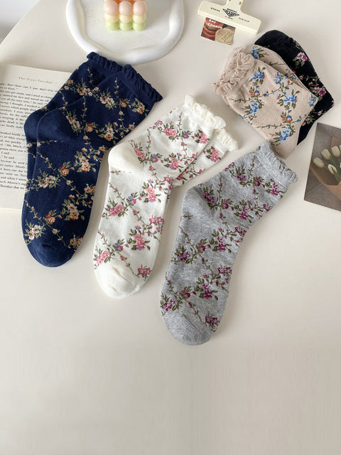 5 pares de calcetines de algodón jacquard con estampado floral para mujer