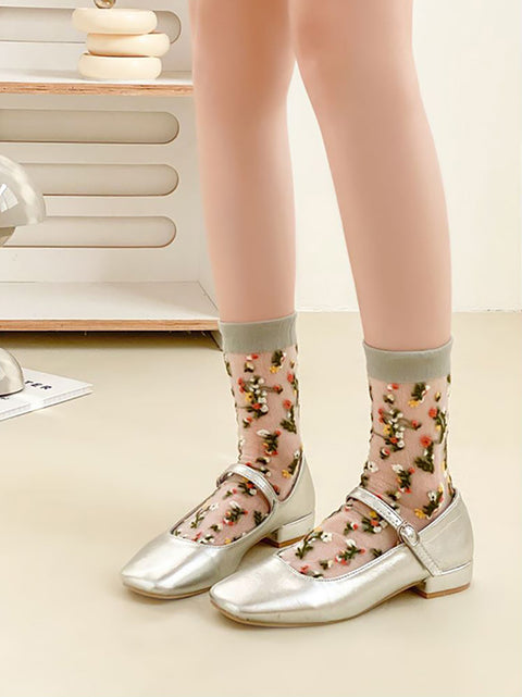 5 pares de calcetines finos de jacquard con flores de verano para mujer