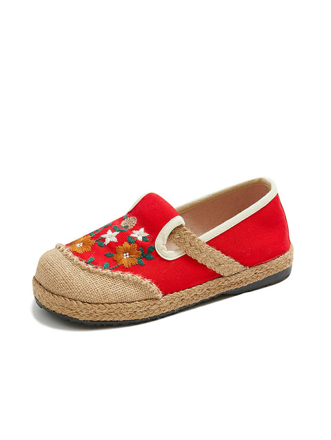 Women Summer Flower Embroidery Linen Spliced Straw Shoes