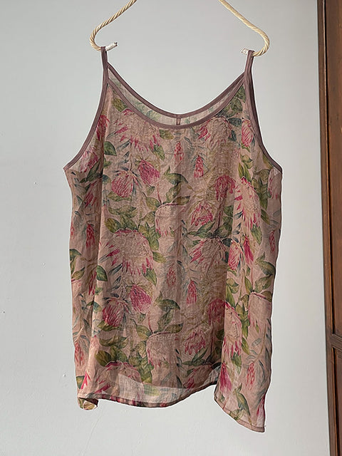 Chaleco fino de ramio con flores vintage de verano para mujer de talla grande