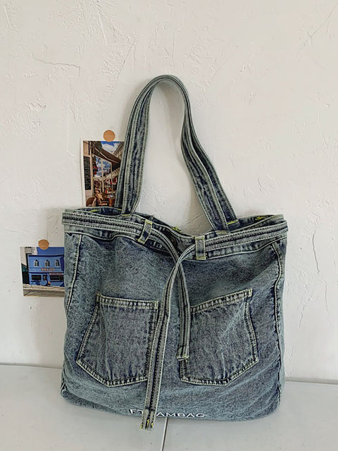 Bolso de mano de mezclilla con bolsillo sólido vintage para mujer