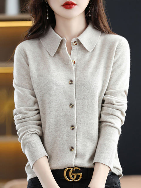 Women Autumn Wool Turn-down Collar Knit Cardigan Sweater