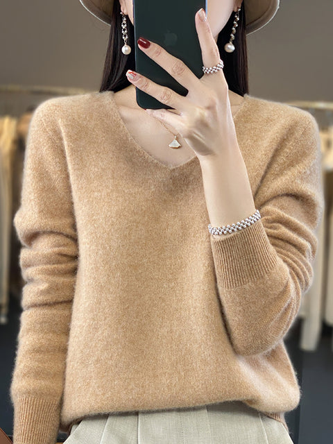 Women Autumn Pure Color V-Neck Knit Sweater