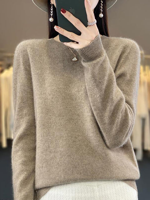 Women Autumn Solid Knit 100%Wool O-Neck Sweater