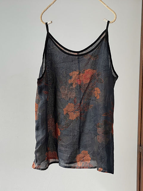 Chaleco fino de ramio con flores vintage de verano para mujer de talla grande