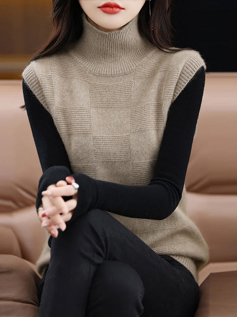 Women Casual Wool Turtleneck Plaid Knit Vest