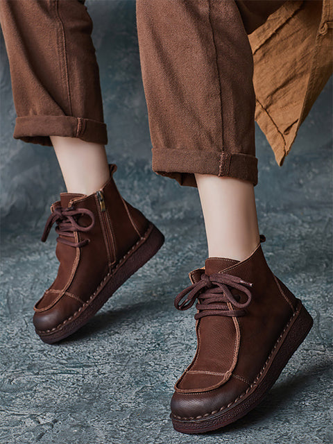 Botas planas con empalmes de cuero estilo retro de invierno para mujer