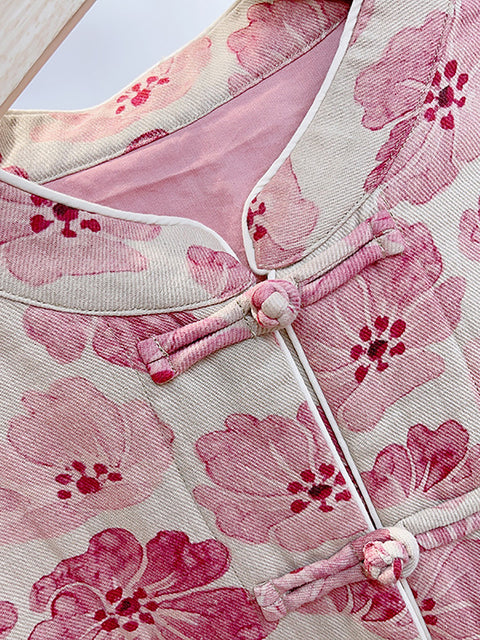 Abrigo acolchado rosa con estampado de flores retro para mujer